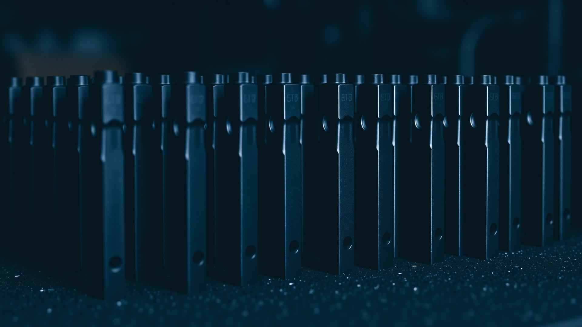 Rows of precision machined tool holders on a machine shop surface